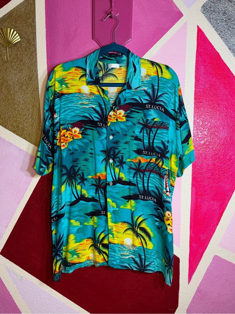 “St Lucia Tropical Sunset Palm Tree Hawaiian Shirt Mens L